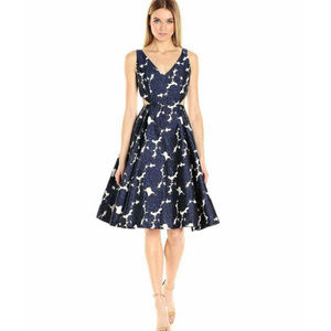 Adrianna Papell Navy Jacquard Cutout Vneck Dress